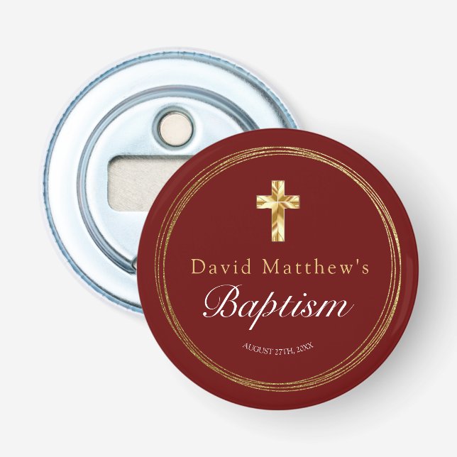 Baby Boy Baptism Burgundy Red Gold Cross   Bottle Opener (Front)