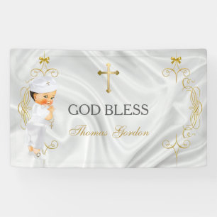 Baby Boy Baptism Christening Gold Cross Banner