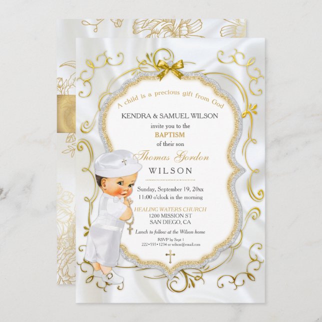 Baby Boy Baptism Christening Gold Cross Glitter Invitation (Front/Back)