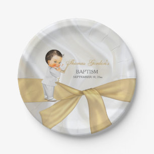 Baby Boy Baptism Christening Gold White Paper Plate