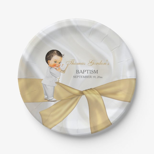 Baby Boy Baptism Christening Gold White Paper Plate (Front)