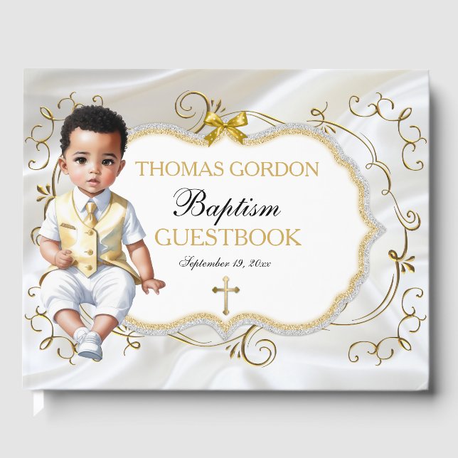 Baby Boy Baptism Christening White & Gold Cross Guest Book (Front)