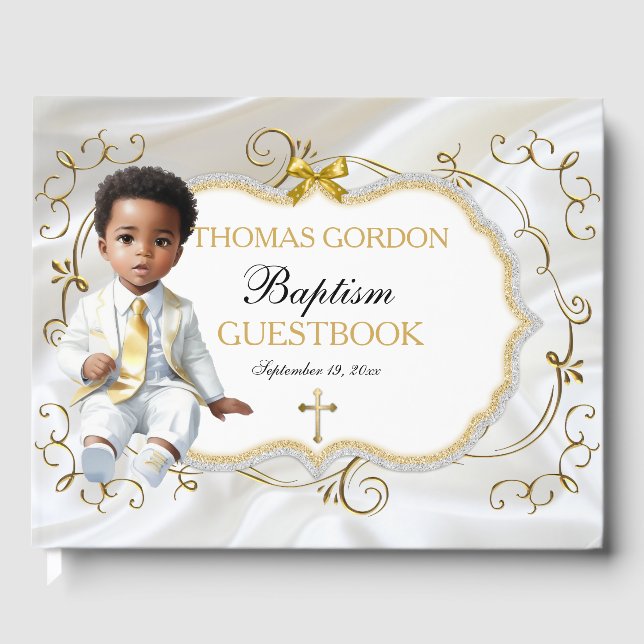 Baby Boy Baptism Christening White & Gold Cross Guest Book (Front)