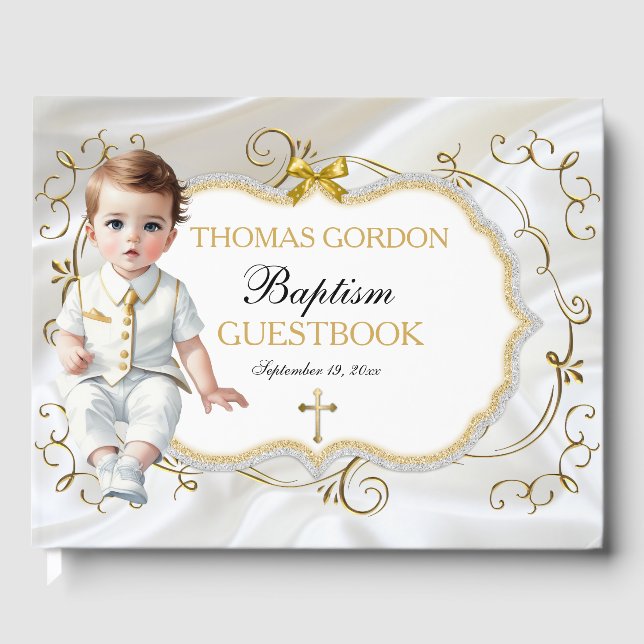 Baby Boy Baptism Christening White & Gold Cross Guest Book (Front)