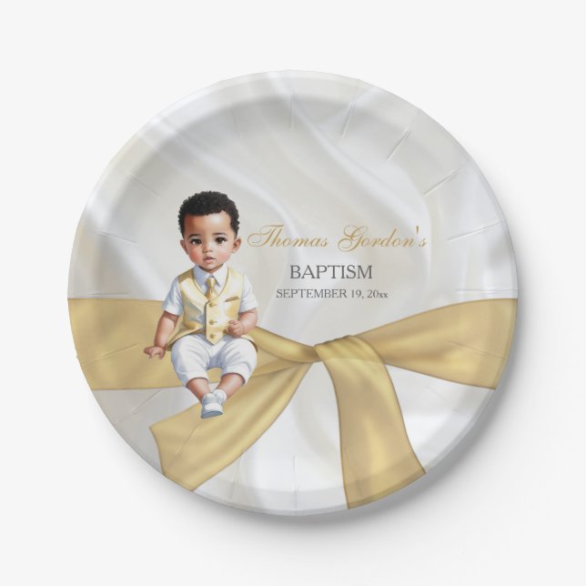 Baby Boy Baptism Christening White & Gold Paper Plate (Front)