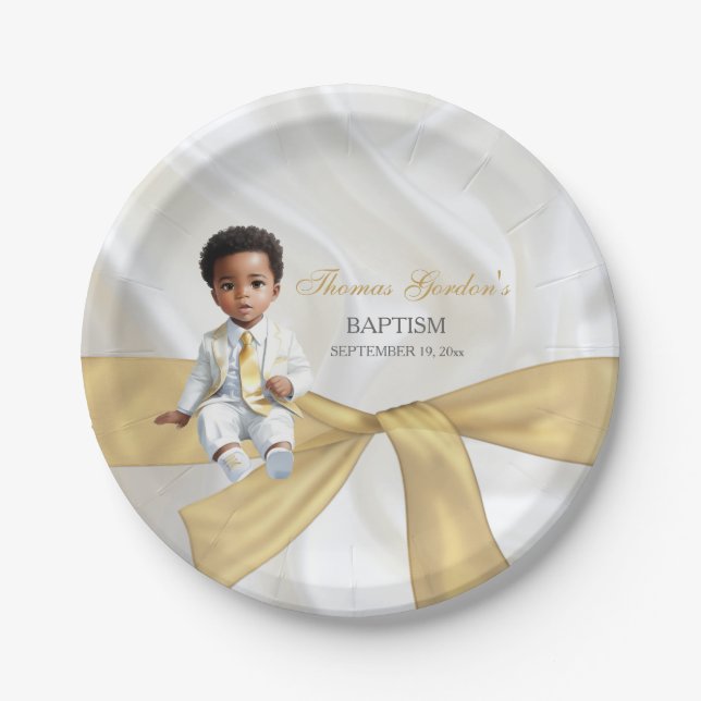 Baby Boy Baptism Christening White & Gold Paper Plate (Front)