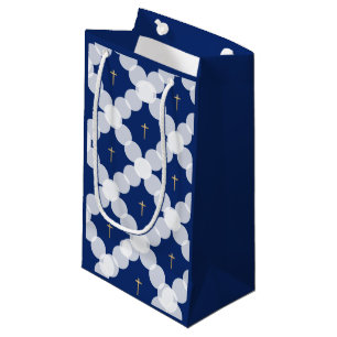 Baby Boy baptism Dark Blue gold cross white Small Gift Bag