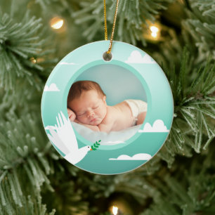 Baby Boy Baptism Dove Clouds Photo Frame Ceramic Tree Decoration