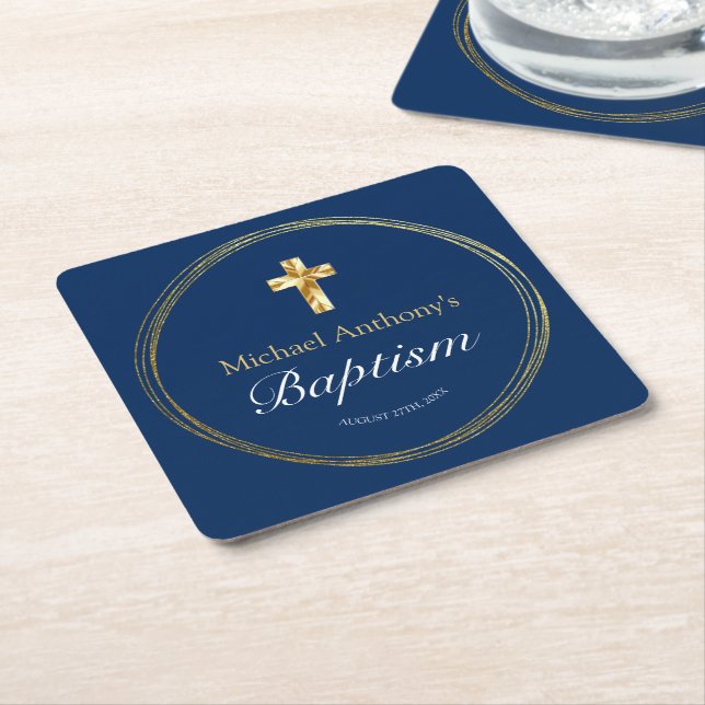 Baby Boy Baptism Navy Blue Gold Cross   Square Paper Coaster (Angled)