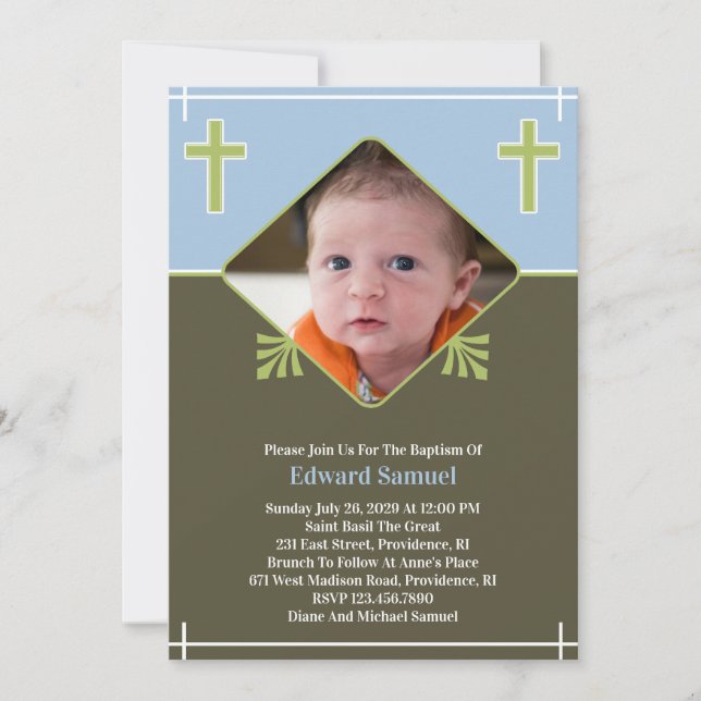 Baby Boy Baptism Photo Flat Invitation (Front)