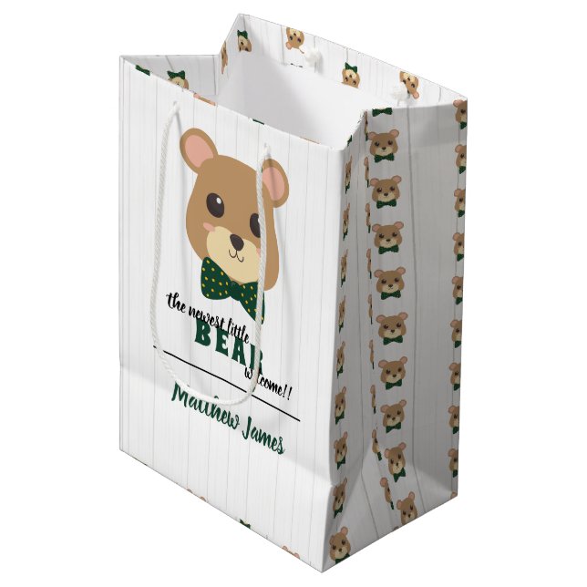 Baby Boy Bear Green & Gold Medium Gift Bag (Front Angled)