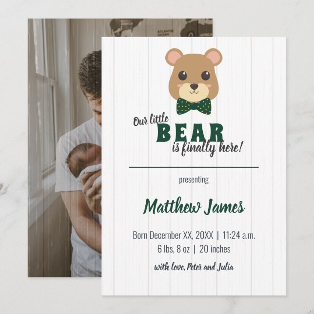 Baby Boy Bear Green & Gold Vertical Baby Announcement (Front/Back)