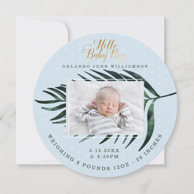 Baby Boy Birth Announcement Card Tropical Palm (Front)