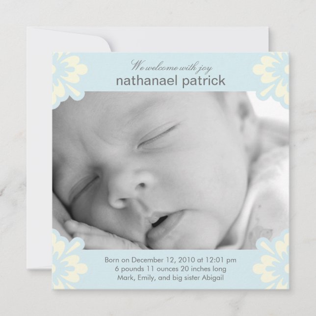 Baby Boy Birth Announcement - Floral Corners (Front)
