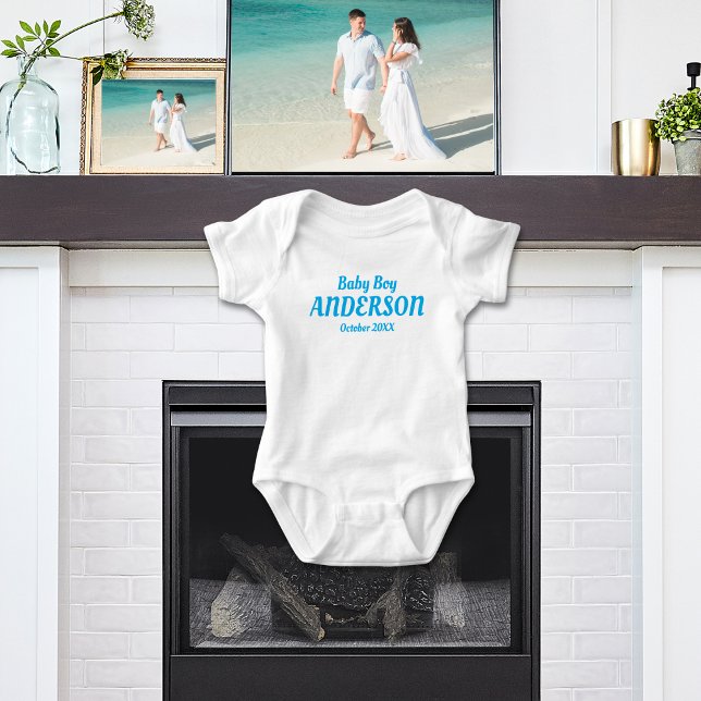 Baby Boy Birth Announcement - Name , Month, Year Bodysuit (Baby Boy Birth Announcement White Bodysuit - Gift for Baby Shower)