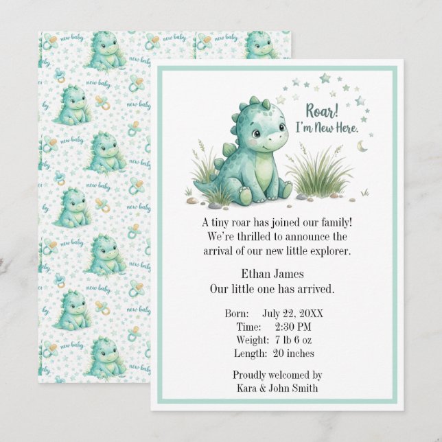  Baby Boy Birth Announcement Stegosaurus Dinosaur  (Front/Back)