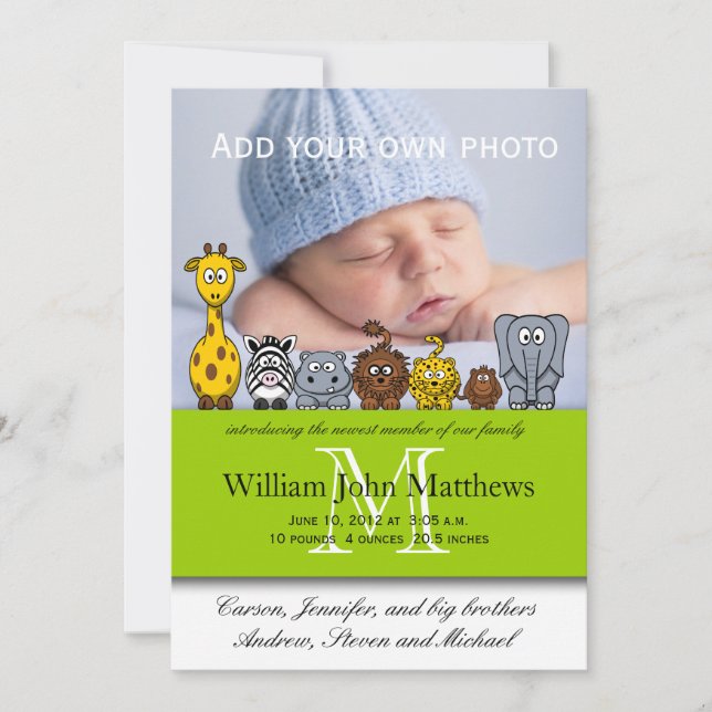Baby Boy Birth Announcements Jungle Animals Green (Front)