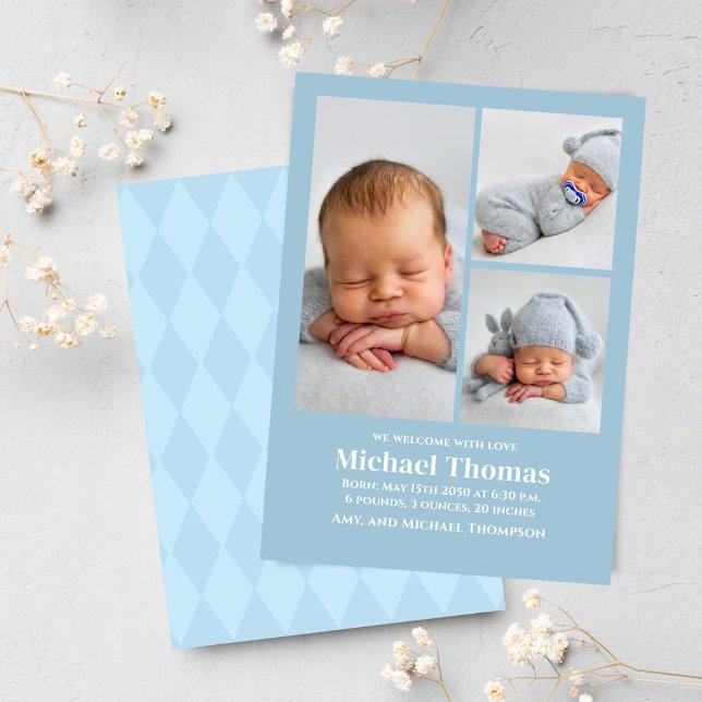 Baby Boy Birth Photo Collage Custom Blue  (Multi photo collage baby birth announcement. with blue herringbone pattern.)