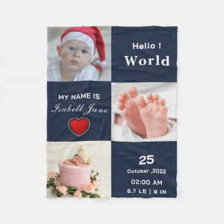 Baby Boy Birth Stat Announcement Photo  Fleece Blanket