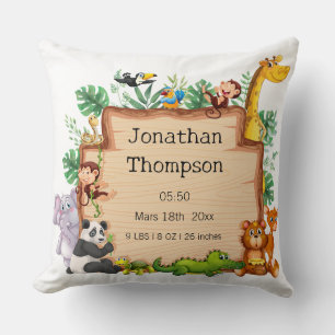 Baby boy birth stats Safari and jungle Animals Cushion