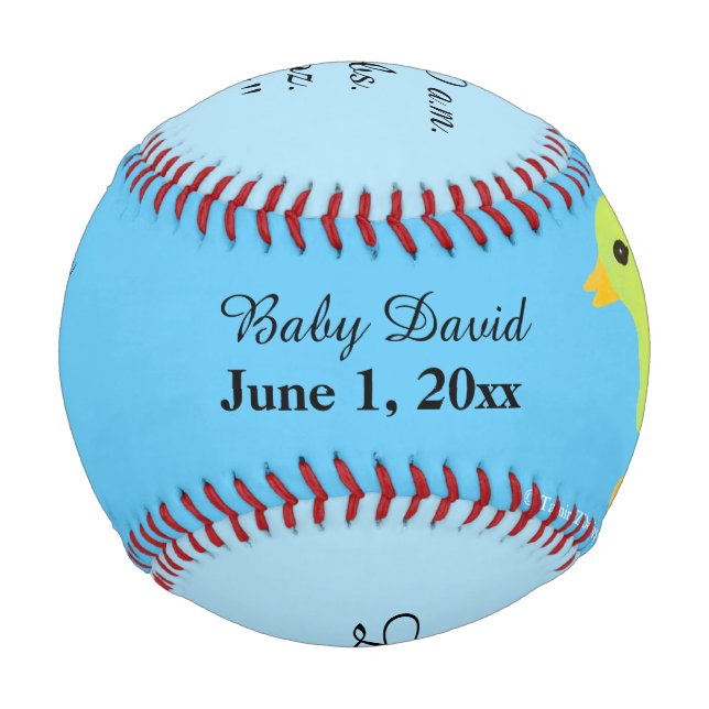 Baby Boy Birth Stats Yellow Ducky Sky Blue Baseball (Front)