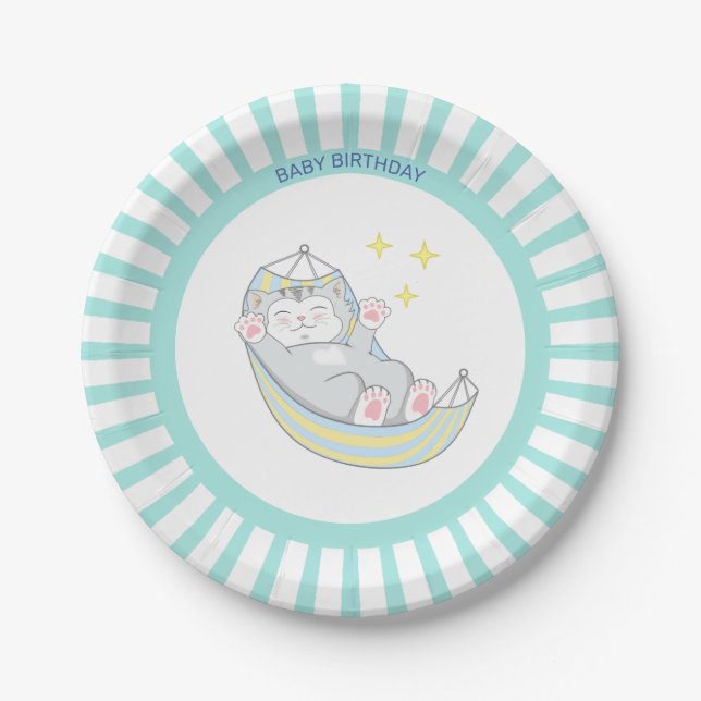 Baby  Boy Birthday Kitty Cat on Light Blue & White Paper Plate (Front)