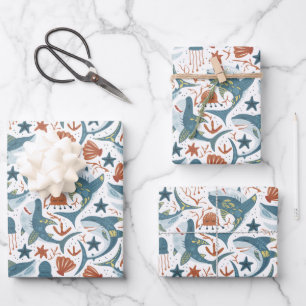Baby Boy Birthday Shark Theme Party Pattern Wrapping Paper Sheet