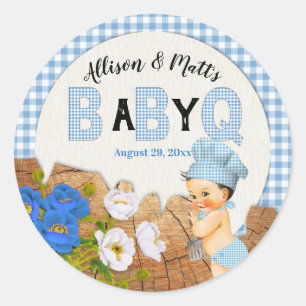 Baby Boy Blu Gingham Wood Floral Baby Q BBQ Classi Classic Round Sticker