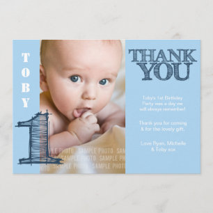 Baby Boy Blue 1st Birthday Thank You Photo Card