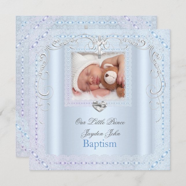 Baby Boy Blue Christening Baptism Cross Prince Invitation (Front/Back)
