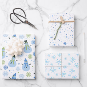 Baby Boy Blue Christmas Snowmen and Snowflakes Wrapping Paper Sheet