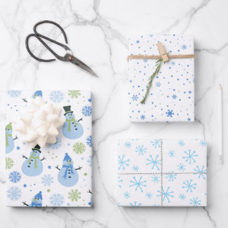 Baby Boy Blue Christmas Snowmen and Snowflakes Wrapping Paper Sheet