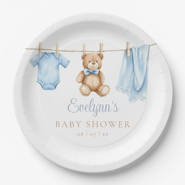 Baby Boy Blue Clothesline Baby Shower Paper Plate (Front)