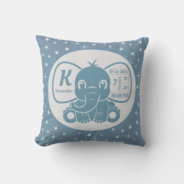 Baby Boy Blue Elephant Birth Announcement Stars Cushion (Front)