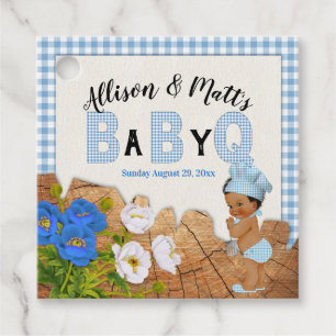 Baby Boy Blue Gingham Wood Floral Baby Q BBQ Favou Favour Tags