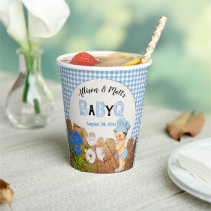 Baby Boy Blue Gingham Wood Floral Baby Q BBQ Paper Cups