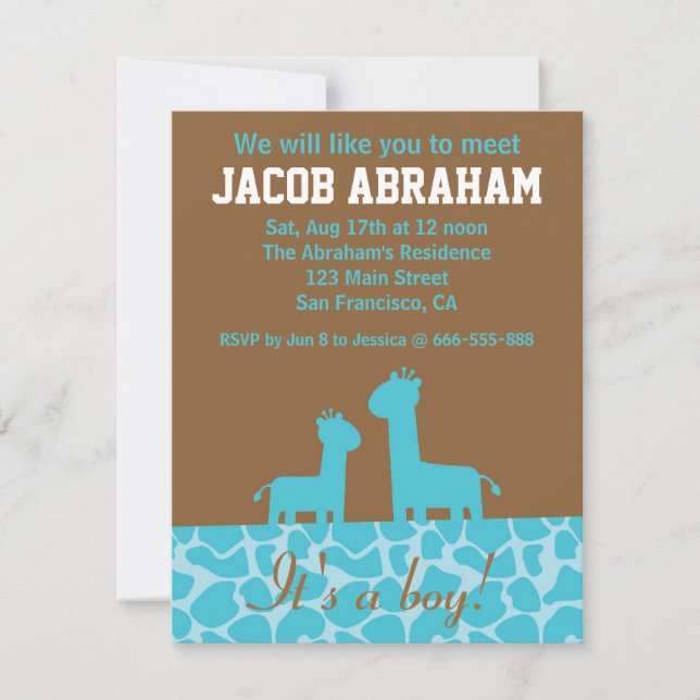 Baby Boy - Blue giraffe silhouettes and pattern Invitation (Front)