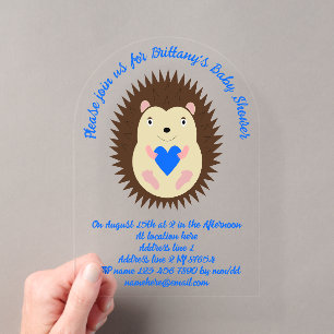 Baby Boy Blue Heart Hedgehog Baby Shower Acrylic Invitations