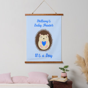Baby Boy Blue Heart Hedgehog Baby Shower Hanging Tapestry
