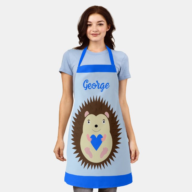 Baby Boy Blue Heart Hedgehog Custom Apron (Worn)