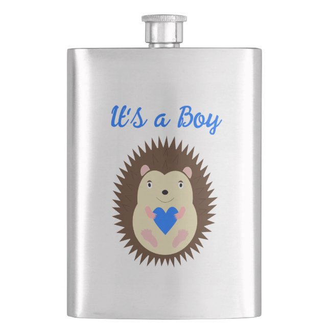 Baby Boy Blue Heart Hedgehog Custom Hip Flask (Front)