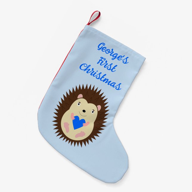 Baby Boy Blue Heart Hedgehog Custom Small Christmas Stocking (Front (Hanging))