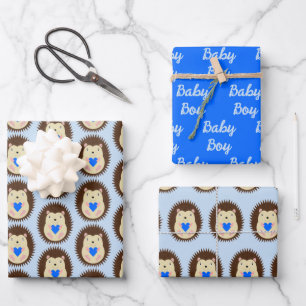 Baby Boy Blue Heart Hedgehog New Baby Wrapping Paper Sheet
