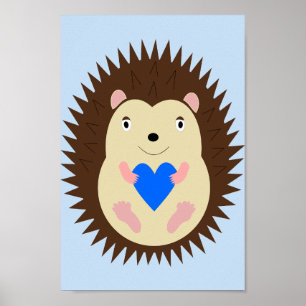 Baby Boy Blue Heart Hedgehog Nursery Poster