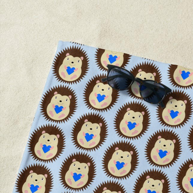 Baby Boy Blue Heart Hedgehog Patterned Beach Towel (In Situ)
