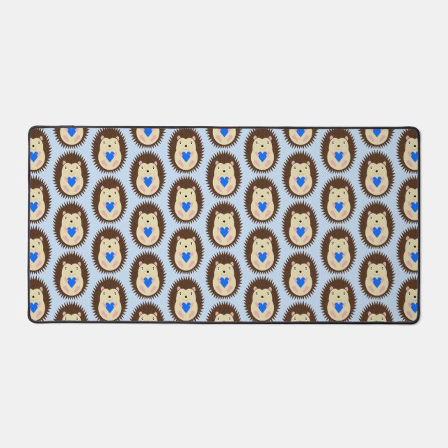 Baby Boy Blue Heart Hedgehog Patterned Desk Mat (Front)