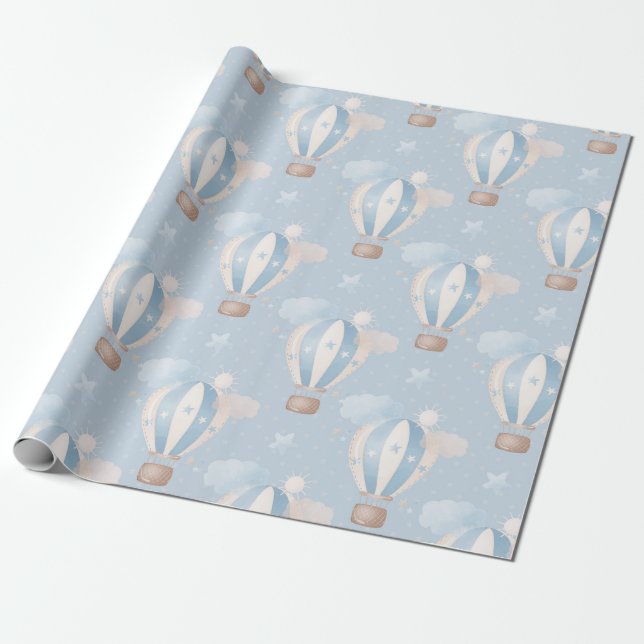 Baby Boy Blue Hot Air Balloons Wrapping Paper (Unrolled)