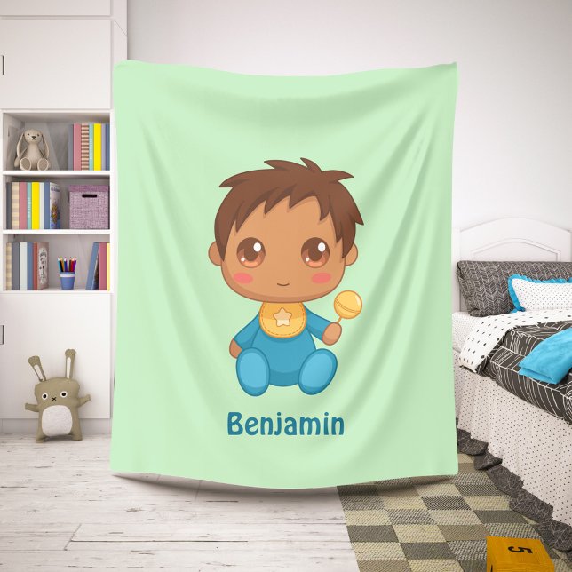 Baby Boy Blue Jumpsuit Custom Name Green Sherpa Blanket (Creator Uploaded)