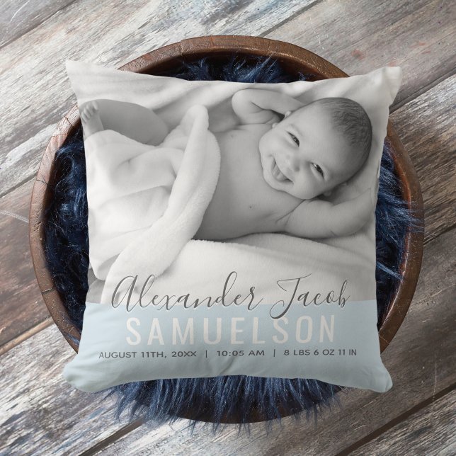 BABY Boy Blue Keepsake Name Birth Date PHOTO Cushion (Creator Uploaded)
