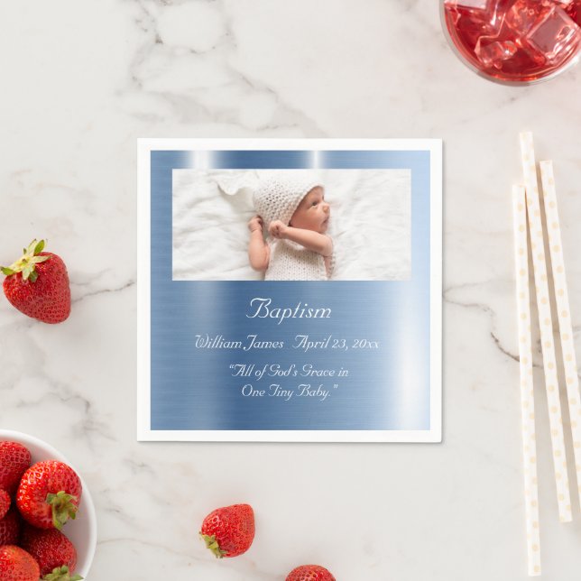 Baby Boy Blue Metallic Photo Typography Baptism Napkin (Insitu)